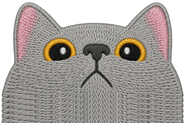 Knitted Cats mascot: an embroidered gray cat peeking over the edge